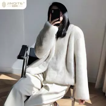 Женская норковая куртка свободного покроя с V-образным вырезом и плечами, новая модная искусственная норковая меховая подкладка из шелка S белый