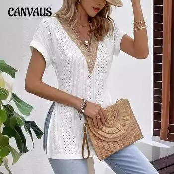 Женская новая элегантная кружевная аппликация кружево V-образный вырез сращивание подол открытая вилка короткий рукав футболка тонкая блузка S чёрный