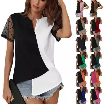 Женская новая асимметричная кружевная сетчатая рубашка контрастного цвета с коротким рукавом L чёрный