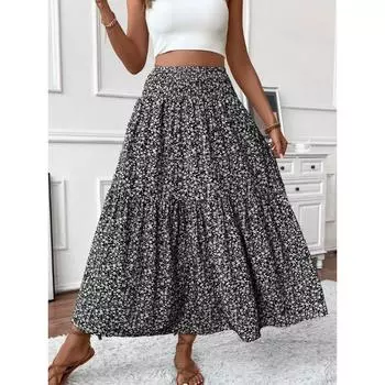 Женская новая цветочная трехслойная лоскутная длинная юбка-полутрапеция S чёрный