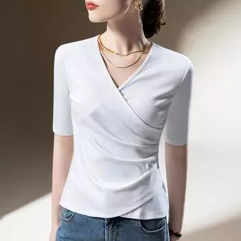 Женская новая европейская женская однотонная хлопковая футболка с перекрестным воротом и плиссированной талией, рукав пять четвертей S