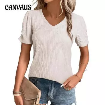 Женская новая футболка-рубашка с V-образным вырезом и рукавами-фонариками из однотонного трикотажа S небесно-голубой