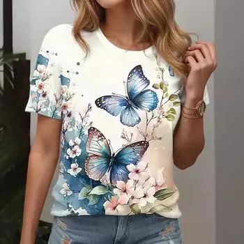 Женская новая футболка с коротким рукавом с принтом в виде бабочки, повседневная одежда, маленькая свежая S