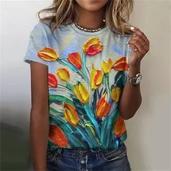 Женская новая футболка с рисунком граффити, летний повседневный цветочный узор с 3D-принтом, футболка с круглым вырезом и коротким рукавом, топ Harajuku с коротким рукавом XS