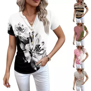 Женская новая футболка с v-образным вырезом на пуговицах и модным принтом с коротким рукавом и ретро-принтом, повседневные топы, футболки большого размера L армия зеленый