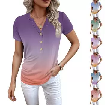 Женская новая футболка с v-образным вырезом на пуговицах и модным принтом с коротким рукавом и ретро-принтом, повседневные топы, футболки большого размера L синий