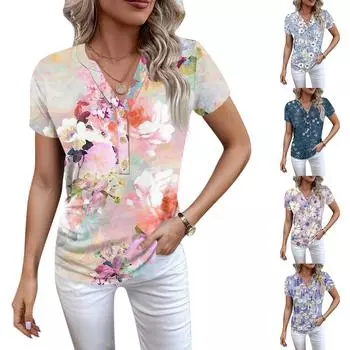 Женская новая футболка с v-образным вырезом на пуговицах и модным принтом с коротким рукавом и ретро-принтом, повседневные топы, футболки большого размера L светло-фиолетовый