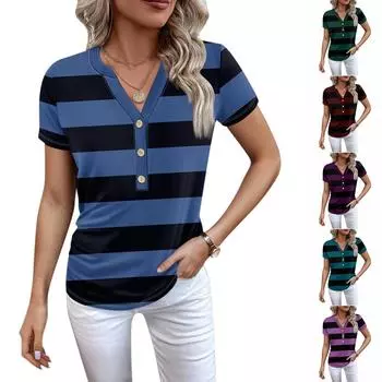 Женская новая футболка с v-образным вырезом на пуговицах и модным принтом с коротким рукавом и ретро-принтом, повседневные топы, футболки большого размера L синий