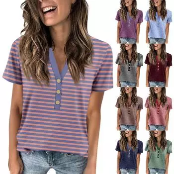 Женская новая футболка с v-образным вырезом на пуговицах и модным принтом с коротким рукавом и ретро-принтом, повседневные топы, футболки большого размера L чёрный