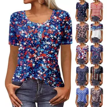 Женская новая футболка с v-образным вырезом на пуговицах и коротким рукавом с принтом «День независимости», тонкий топ, повседневные топы L синий