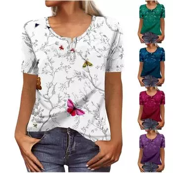 Женская новая футболка с v-образным вырезом на пуговицах и модным принтом с коротким рукавом и ретро-принтом, тонкий топ, повседневные топы XXXL