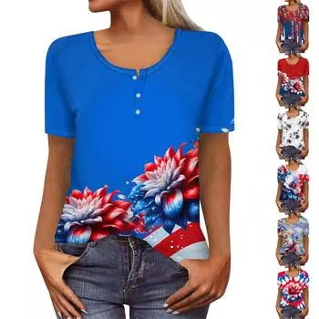 Женская новая футболка с v-образным вырезом на пуговицах и модным принтом с коротким рукавом и ретро-принтом, тонкий топ, повседневные топы L синий