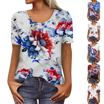 Женская новая футболка с v-образным вырезом на пуговицах и модным принтом с коротким рукавом и ретро-принтом, тонкий топ, повседневные топы L синий