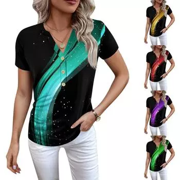Женская новая футболка с v-образным вырезом на пуговицах и модным принтом с коротким рукавом и ретро-принтом, повседневные топы, футболки большого размера L зелёный