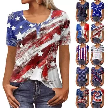 Женская новая футболка с v-образным вырезом на пуговицах и коротким рукавом с принтом «День независимости», тонкий топ, повседневные топы XL