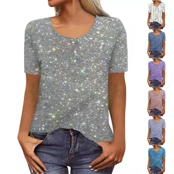 Женская новая футболка с v-образным вырезом на пуговицах и модным принтом с коротким рукавом и ретро-принтом, тонкий топ, повседневные топы XXXL