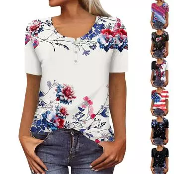 Женская новая футболка с v-образным вырезом на пуговицах и модным принтом с коротким рукавом и ретро-принтом, тонкий топ, повседневные топы L чёрный