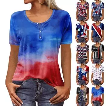 Женская новая футболка с v-образным вырезом на пуговицах и коротким рукавом с принтом «День независимости», тонкий топ, повседневные топы L чёрный