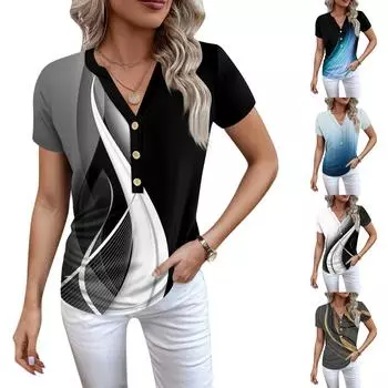 Женская новая футболка с v-образным вырезом на пуговицах и модным принтом с коротким рукавом и ретро-принтом, повседневные топы, футболки большого размера L