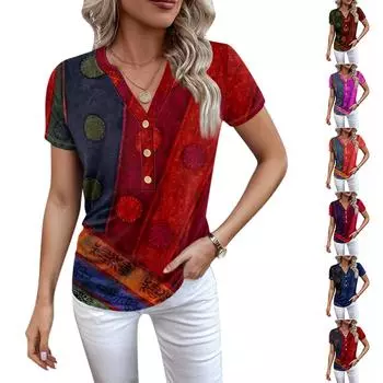 Женская новая футболка с v-образным вырезом на пуговицах и модным принтом с коротким рукавом и ретро-принтом, повседневные топы, футболки большого размера L верблюд