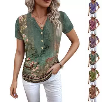 Женская новая футболка с v-образным вырезом на пуговицах и модным принтом с коротким рукавом и ретро-принтом, повседневные топы, футболки большого размера L синий