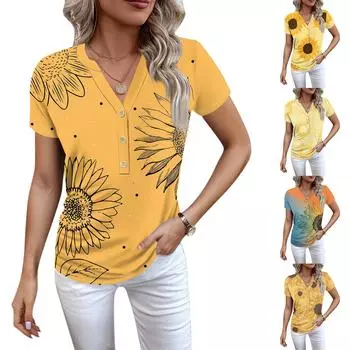 Женская новая футболка с v-образным вырезом на пуговицах и модным принтом с коротким рукавом и ретро-принтом, повседневные топы, футболки большого размера L