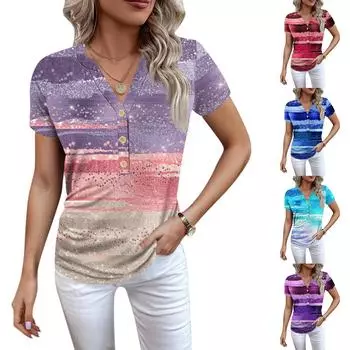Женская новая футболка с v-образным вырезом на пуговицах и модным принтом с коротким рукавом и ретро-принтом, повседневные топы, футболки большого размера L синий