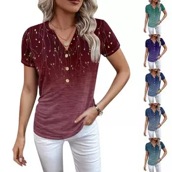 Женская новая футболка с v-образным вырезом на пуговицах и модным принтом с коротким рукавом и ретро-принтом, повседневные топы, футболки большого размера L синий