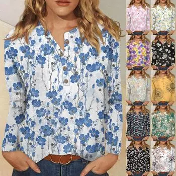 Женская новая футболка с воротником на пуговицах, модная футболка с длинными рукавами и принтом в стиле ретро, тонкий топ, повседневные топы L бежевый