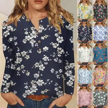 Женская новая футболка с воротником на пуговицах, модная футболка с длинными рукавами и принтом в стиле ретро, тонкий топ, повседневные топы L синий