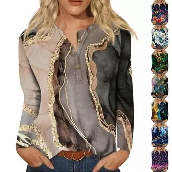 Женская новая футболка с воротником на пуговицах, модная футболка с длинными рукавами и принтом в стиле ретро, тонкий топ, повседневные топы XL коричневый