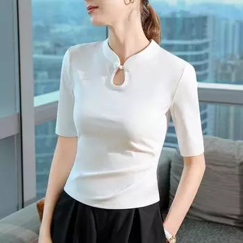 Женская новая футболка со средним рукавом для женщин, новая осенняя женская футболка в стиле ретро с пуговицами, в китайском стиле, с рукавом-пятью, белый топ с воротником-стойкой S белый