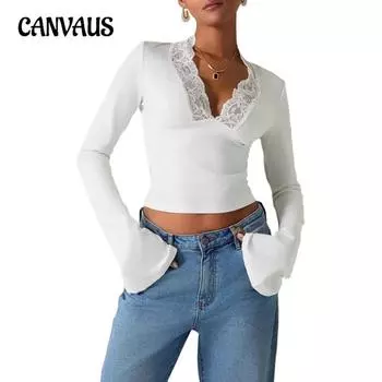 Женская новая футболка Spice Girls с V-образным вырезом и кружевным принтом, расклешенный рукав, сексуальный топ S белый