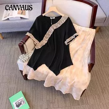 Женская новая китайская футболка с короткими рукавами больших размеров, костюм с юбкой до половины тела 2XL