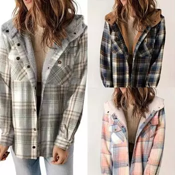 Женская новая клетчатая куртка с капюшоном, повседневная женская повседневная куртка, удобная и утепленная S оранжевый