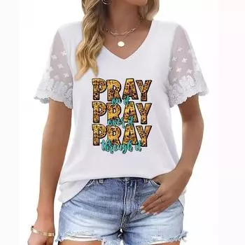 Женская новая летняя футболка с коротким рукавом и V-образным вырезом, с принтом и кружевными рукавами, большого размера S