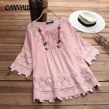 Женская новая летняя хлопковая и льняная кружевная блузка свободного кроя с V-образным вырезом S белый