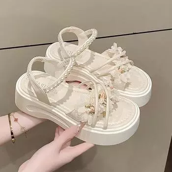 Женская новая летняя одежда изысканные цветы толстая подошва красивая фея ветер с юбкой пляжные сандалии 35