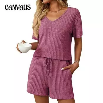 Женская новая летняя однотонная пижама в полоску с короткими рукавами для дома S фиолетовый