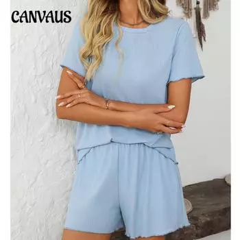 Женская новая летняя однотонная пижама в полоску с короткими рукавами для дома S светло-синий