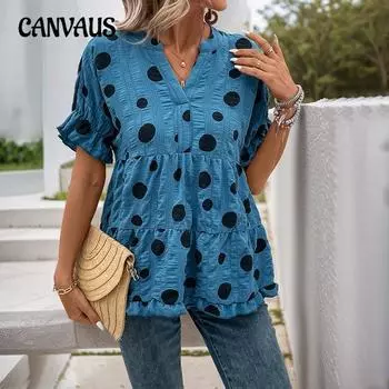 Женская новая летняя свободная рубашка Doll с рукавами «летучая мышь» и V-образным вырезом в горошек S темно-синий