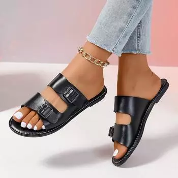 Женская новая летняя трендовая повседневная обувь на плоской подошве с пряжкой, домашние тапочки, роскошные повседневные неглубокие слипоны, вечерние женские сандалии, большой размер 43 36 чёрный