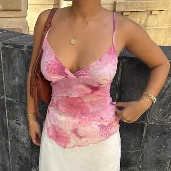 Женская новая майка-топ с кружевом и принтом, приталенная на талии S