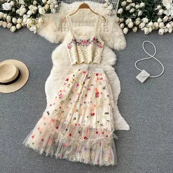 Женская новая мода, летний богемный шикарный костюм в стиле бохо, короткий ажурный вязаный свитер на бретельках, жилет + сетчатая юбка с вышитым цветком, комплект из двух предметов One Size абрикосовый