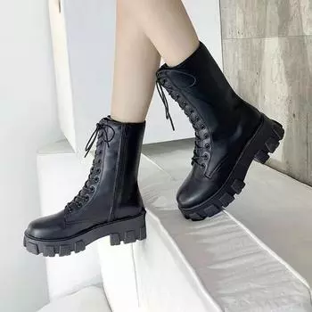 Женская новая мода на шнуровке, дизайнерская обувь, зимние элегантные толстые каблуки, для банкета, вечеринки, женские сапоги на высоком каблуке 35