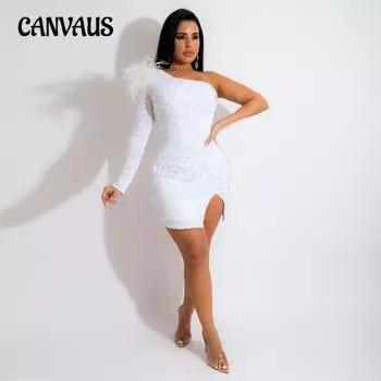 Женская новая мода сексуальные модели на одно плечо с пайетками открытый пакет бедра облегающие платья S белый