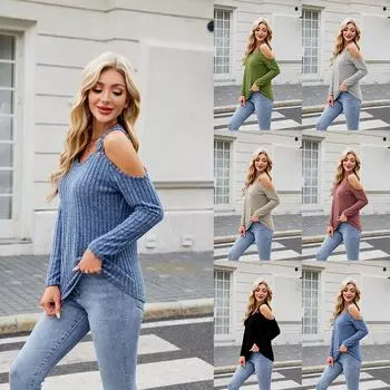 Женская новая мода сексуальный топ с открытыми плечами в рубчик с длинными рукавами L чёрный