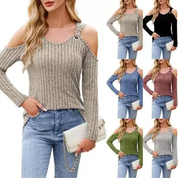 Женская новая мода сексуальный топ с открытыми плечами в рубчик с длинными рукавами XL синий