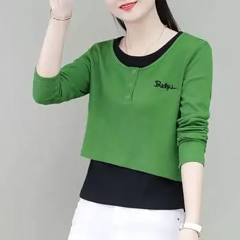 Женская новая модная футболка из двух предметов с длинными рукавами, короткий тонкий весенне-осенний топ с круглым воротником S чёрный