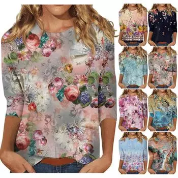 Женская новая модная футболка с цветочным принтом и рукавом 3/4, тонкий топ, повседневные топы L чёрный